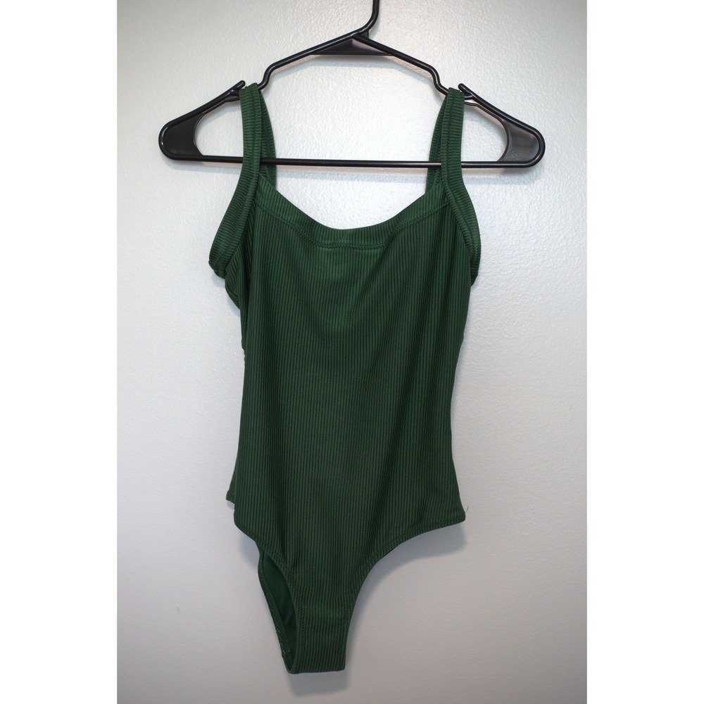 Aerie Forest Green Ribbed One Piece Swimsuit Scoop Neck Low Back XS